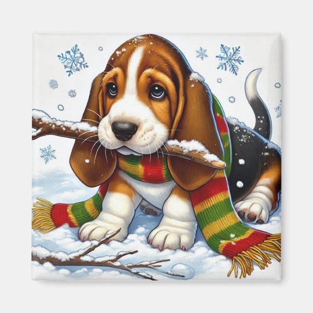 Basset Hound Puppy in Snow With Scarf and Branch Magnet (Front)