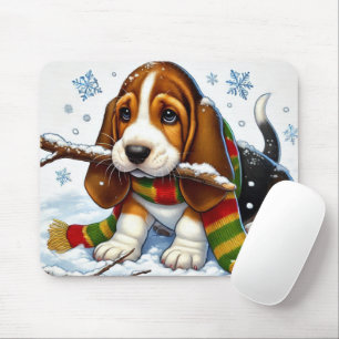 Basset Hound Puppy in Snow With Scarf and Branch Mouse Pad