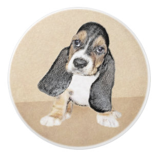 Basset Hound Puppy Painting - Original Dog Art Ceramic Knob
