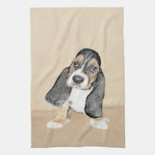 Basset Hound Puppy Painting - Original Dog Art Kitchen Towel