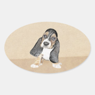 Basset Hound Puppy Painting - Original Dog Art Oval Sticker