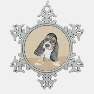 Basset Hound Puppy Painting - Original Dog Art Snowflake Pewter Christmas Ornament
