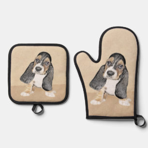Basset Hound Puppy Painting Tri-colour Cute Dog Ar Oven Mitt & Pot Holder Set
