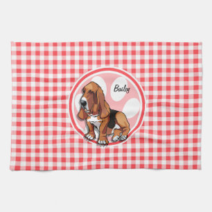 Basset Hound; Red and White Gingham Kitchen Towel