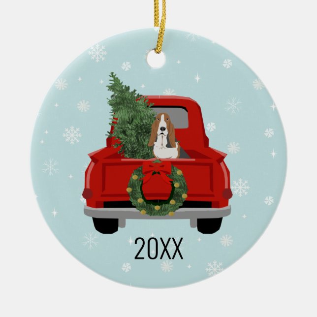 Basset Hound red truck christmas Ceramic Ornament (Front)