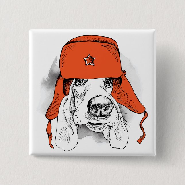 Basset Hound | Red Ushanka Hat 2 Inch Square Button (Front)