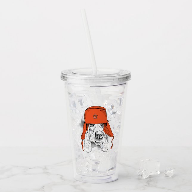 Basset Hound | Red Ushanka Hat Acrylic Tumbler (Front Ice)