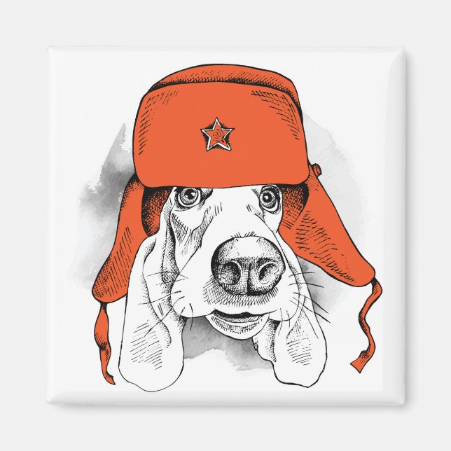 Basset Hound | Red Ushanka Hat Magnet (Front)