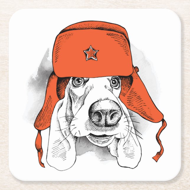 Basset Hound | Red Ushanka Hat Square Paper Coaster (Front)