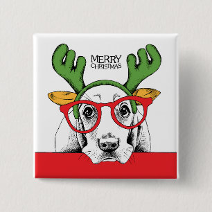 Basset Hound Reindeer 2 Inch Square Button