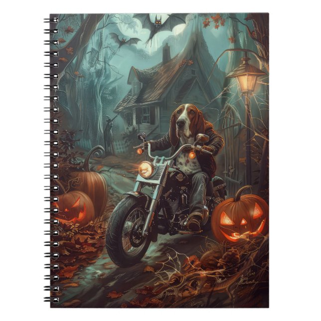 Basset Hound Riding Motorcycle Halloween Scary Notebook (Front)