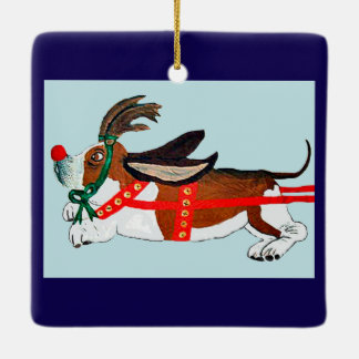 Basset Hound Rudolph The Red-Nosed Reindeer Ceramic Ornament