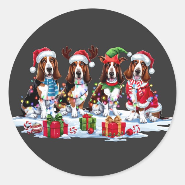 Basset hound Santa hat antlers elf Christmas light Classic Round Sticker (Front)