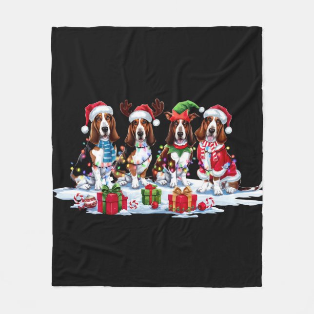 Basset hound Santa hat antlers elf Christmas light Fleece Blanket (Front)