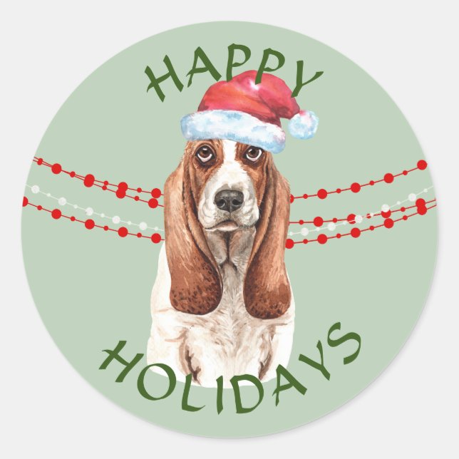 Basset Hound Santa Hat Happy Holidays Classic Round Sticker (Front)