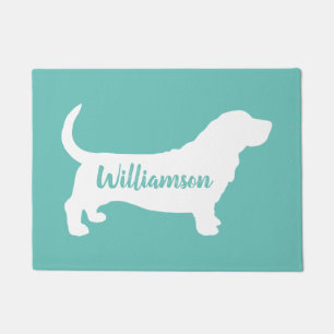 Basset Hound Silhouette Custom Teal and White Doormat