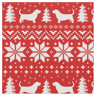 Basset Hound Silhouettes Christmas Pattern Red Fabric