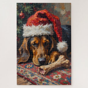 Basset Hound Sleeping After Christmas Feast Hat Jigsaw Puzzle