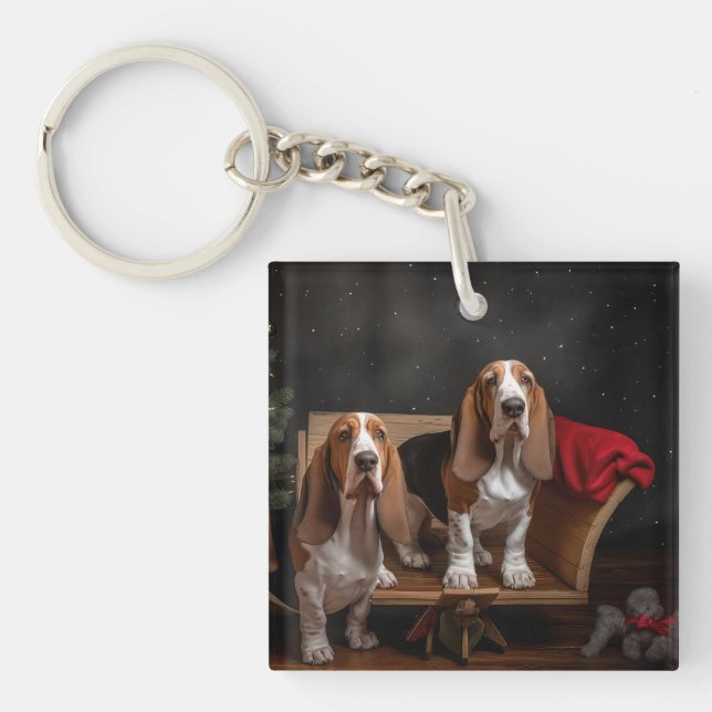 Basset Hound Snowy Sleigh Christmas Decor  Keychain (Front)