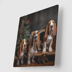 Basset Hound Snowy Sleigh Christmas Decor Square Wall Clock