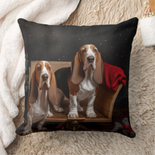 Basset Hound Snowy Sleigh Christmas Decor  Throw Pillow