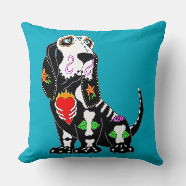 Basset Hound Sugar Skull Throw Pillow (Front)