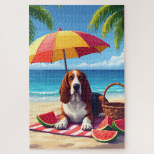 Basset Hound Summer Beach Scene Jigsaw Puzzle