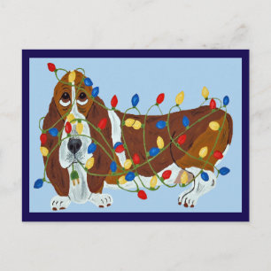 Basset Hound Tangled In Christmas Lights Holiday Postcard