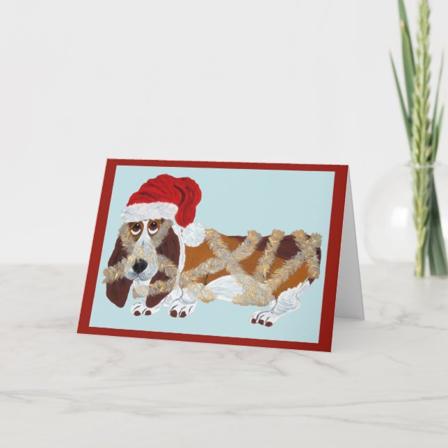Basset Hound tangled in Tinsel Card (Front)