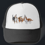 Basset Hound Trio Hat<br><div class="desc">Original fine art design of a howling tricolored Basset hound by designer Carolyn McFann on quality cards,  stationery,  clothing & other great gifts for dog lovers.</div>
