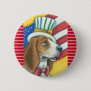 BASSET HOUND UNCLE SAM, PATRIOTIC DOG BUTTON Round