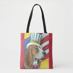 BASSET HOUND UNCLE SAM, PATRIOTIC DOG TOTE BAG Red