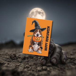 Basset hound wearing witches hat & pumpkin card