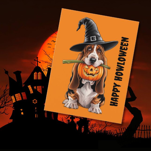Basset hound wearing witches hat & pumpkin postcard (Creator Uploaded)