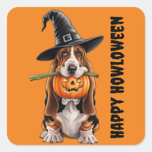Basset hound wearing witches hat & pumpkin square sticker