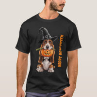Basset hound wearing witches hat & pumpkin