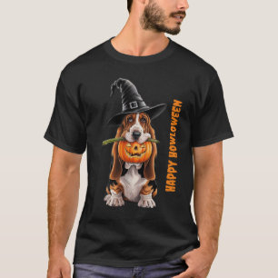 Basset hound wearing witches hat & pumpkin T-Shirt