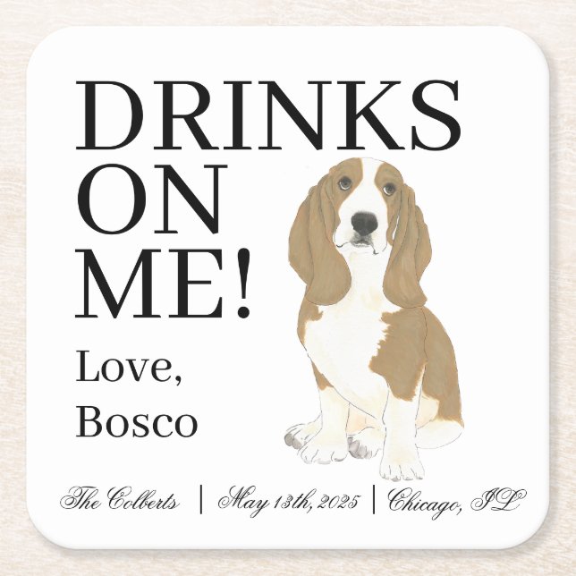 Basset Hound Wedding Square Paper Coaster (Front)
