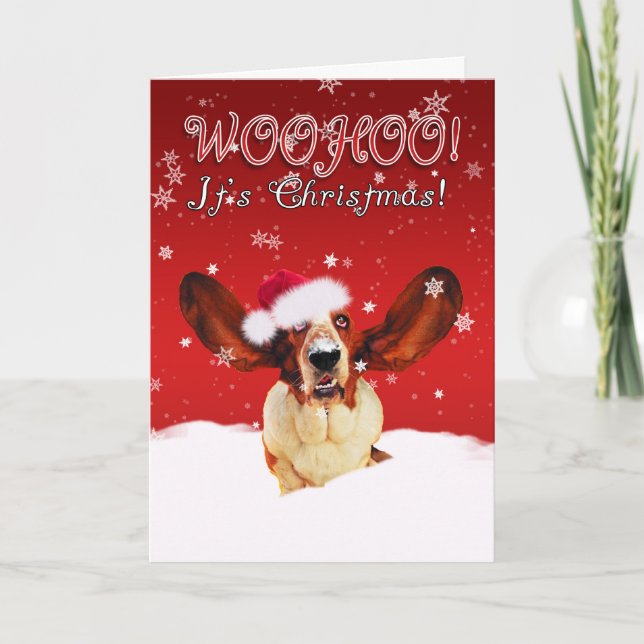 Basset Hound WhooHoo I'ts Christmas Greeting Card (Front)