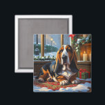Basset Hound With Christmas Lights Holiday  Magnet<br><div class="desc">A heartwarming holiday scene featuring a dog sitting peacefully beside a window,  surrounded by glowing Christmas lights. This cozy and festive design captures the spirit of the season,  perfect for adding warmth and charm to any space. Ideal for dog lovers and holiday decor enthusiasts.</div>