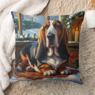 Basset Hound With Christmas Lights Holiday Throw Pillow
