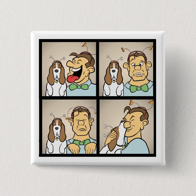 Basset Hound with Man in Photo Booth Funny Cartoon 2 Inch Square Button (Front)