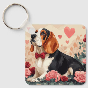 Basset Hound with Roses - Valentine's Day  Keychain