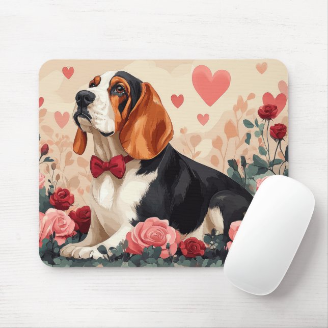 Basset Hound with Roses - Valentine's Day  Mouse Pad (With Mouse)