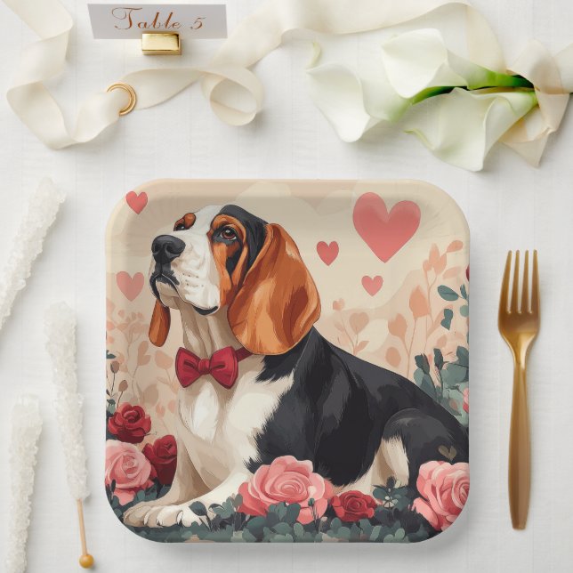 Basset Hound with Roses - Valentine's Day  Paper Plate (Wedding)