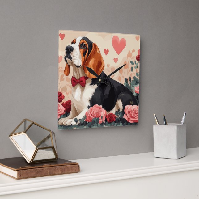 Basset Hound with Roses - Valentine's Day  Square Wall Clock (Office)