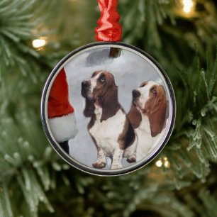 Basset Hound With Santa Christmas Metal Ornament