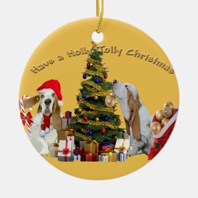 Basset Hounds Have Holly Jolly Christmas Ceramic Ornament (Front)