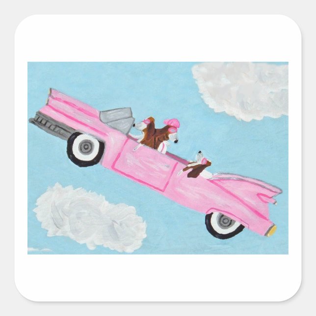 Basset Hounds in pink convertible Sticker (Front)