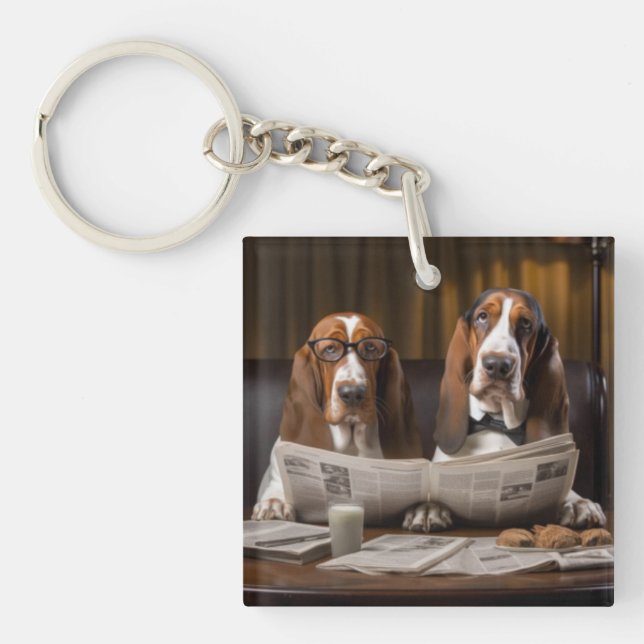 Basset hounds reading the newspaper keychain (Front)